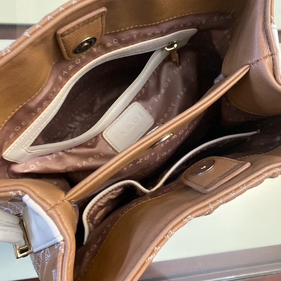 Samoe Square Top Handle Bag Mixed Colors Pockets Size 10H X 8L Brown Tan Beige - Picture 13 of 16